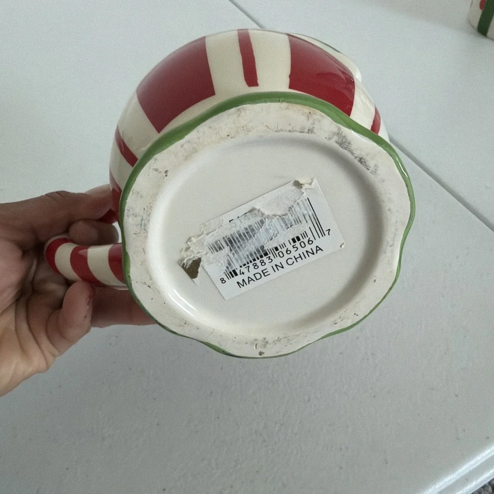 Ceramic Pitcher Cream Colored w/Red Hearts and Red & Green Stripes-Medium Size